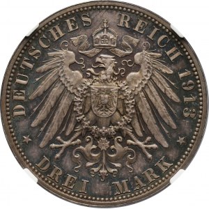 Niemcy, Saksonia, Fryderyk August III, 3 marki 1913 E, Muldenhütten, Bitwa pod Lipskiem, Stempel lustrzany (Proof)
