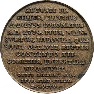 August III, późniejsza kopia medalu z tzw. Suity Królewskiej powstałej w XVIII wieku autorstwa autorstwa J.J. Reichela