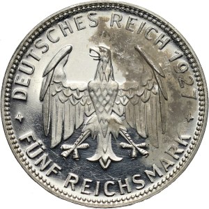Niemcy, Republika Weimarska, 5 marek 1927 F, Stuttgart, Uniwersytet w Tybindze, stempel lustrzany (Proof)
