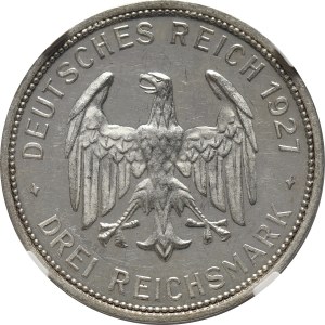 Niemcy, Republika Weimarska, 3 marki 1927 F, Stuttgart, Uniwersytet w Tybindze, Stempel lustrzany (Proof)