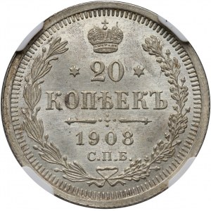 Rosja, Mikołaj II, 20 kopiejek 1908 СПБ ЭБ, Petersburg