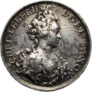 August II i Krystyna Eberhardyna, medal z 1697, wybity z okazji narodzin syna (Augusta III), autorstwa Martina Heinricha Omeis'a