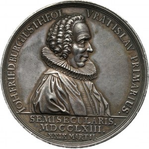 XVIII wiek, Śląsk, Wrocław, Jan Fryderyk Burg, medal z 1763 roku, wybity z okazji 50-lecia piastowania stanowiska pastora