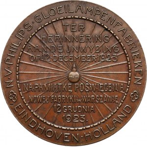 II RP, medal z 1923 roku, otwarcie fabryki polsko-holenderskiej lampek elektrycznych Philips, autorstwa Jana Knedlera