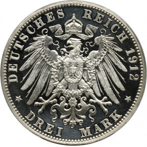 Niemcy, Badenia, Fryderyk II, 3 marki 1912 G, Karlsruhe, Stempel lustrzany (Proof)