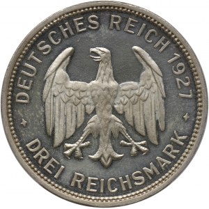 Niemcy, Republika Weimarska, 3 marki 1927 F, Stuttgart, Uniwersytet w Tybindze, Stempel lustrzany (Proof)