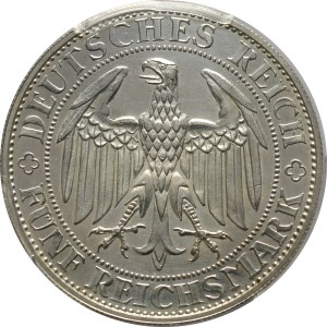 Niemcy, Republika Weimarska, 5 marek 1929 E, Muldenhütten, 1000-lecie Miśnii, Stempel lustrzany (Proof)
