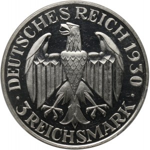 Niemcy, Republika Weimarska, 3 marki 1930 G, Karlsruhe, Zeppelin, Stempel lustrzany (Proof)
