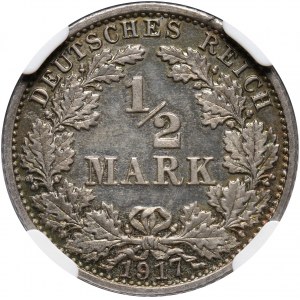 Niemcy, Cesarstwo Niemieckie, 1/2 marki 1917 G, Karlsruhe, Stempel lustrzany (Proof)