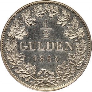 Niemcy, Bawaria, Ludwik II, 1/2 guldena 1865, Monachium, stempel lustrzany (Proof)