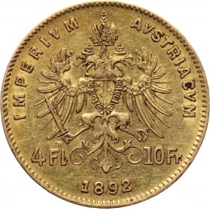 Austria, Franciszek Józef I, 4 floreny = 10 franków 1892, Wiedeń, Oryginalne bicie