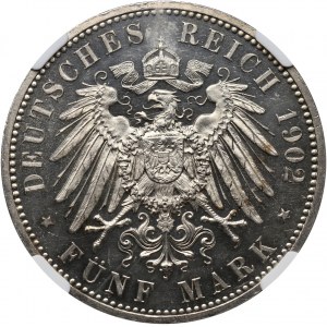 Niemcy, Prusy, Wilhelm II, 5 marek 1902 A, Berlin, stempel lustrzany (Proof)