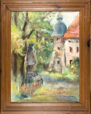 Kazimiera DREWNIOK (ur. 1937), Pejzaż z kapliczką oraz dzwonnicą, 1991