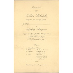 [Chopin Fryderyk] Zaproszenie. Wiktor Łabuński niniejszym ma zaszczyt prosić na Audycję Muzyczną... Kraków, 1922.