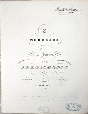 Chopin Fryderyk - 5-1-SC 3 MORCEAUX Favoris POUR le Piano, Paryż, Schnenberger, 1843-1860.