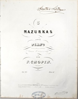 Chopin Fryderyk - 63-1b-BR 3 MAZURKAS POUR PIANO dédiées à Madame la Comtesse Laure Czosnowska, Paryż, Brandus, ok. 1847-1860.