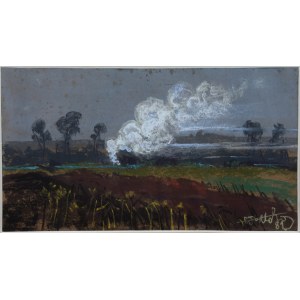 Wiktor Zin (1925-2007), Paesaggio con falò, pastello, 1981.