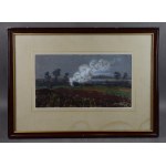 Wiktor Zin (1925-2007), Paesaggio con falò, pastello, 1981.
