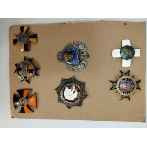 Poland, lot of seven regimental badges in silver-plated metal and polychrome enamel, mainly produced by the Panasiuk company of Warsaw.