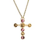 Gold-plated vintage pendant in the form of a cross with colored stones