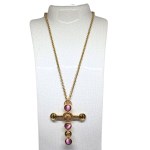 Gold-plated vintage pendant in the form of a cross with colored stones