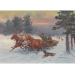 Mieczyslaw KRZYŻAK (1914-1984), "Attack of the Wolves on the Sledge".