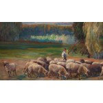 Kazimierz Lasocki (1871 Gąbin - 1952 Warsaw), Shepherd with a flock of sheep, 1937
