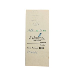 Receipt / official blank - Der Gouverneur des Distrikts Lublin, General Government, 1943.