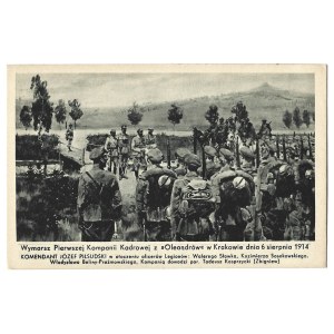 THE MARCH of the First Cadre Company from Oleandrów in Kraków on August 6, 1914. Commander Józef Piłsudski surrounded by...