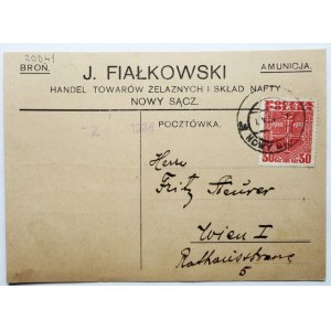 [FILATELISTYKA]. J. Fiałkowski. Broń / Amunicja Handel Towarów Żelaznych i Skład Nafty....