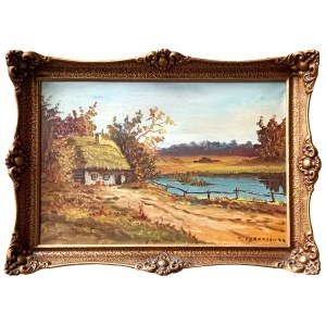 T. Paranczewski?(20th century), Landscape with a cottage by a pond
