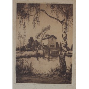 A.N. (20th century), Landscape with mill and birch tree