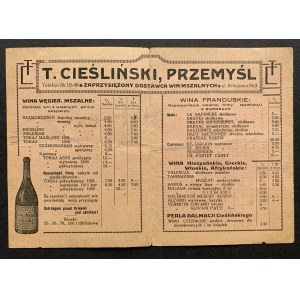[Advertisement] T. CIEŚLIŃSKI in PRZEMYSL. WHOLESALE WINE WAREHOUSE. SWORN SUPPLIER OF MASS WINES. Przemyśl [1935].