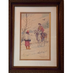 Eine Huzulstute und ein Huzul auf dem Pferd Karol Kossak, um 1935
