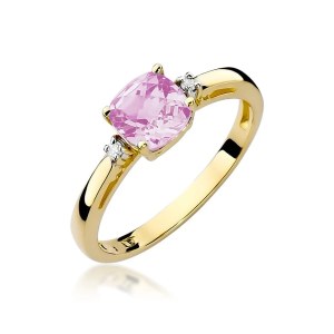 Złoty pierścionek z diamentem i różowym topazem