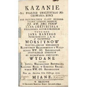 Józef Męciński – Predigt anlässlich der feierlichen Beisetzung der Gebeine … Krakau 1780, gedruckt vom Seminar der Bischofsakademie.