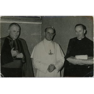 Cardinal K. Wojtyła and the pastor of the parish in Nowa Huta, Fr. J. Gorzelany, receive from Pope Paul VI a stone from the tomb of St. Peter in Rome to be used as a foundation stone for the church in Nowa Huta.