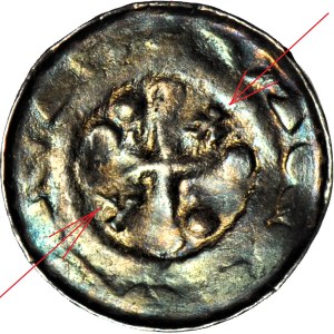 RR-, 11th century cross denarius, CNP 638, straight cross and 2 swastikas/Maltese cross and 2 swastikas