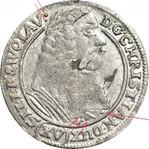 R-, Schlesien, Chrystian Wołowski, 15 krajcars 1664, Brzeg, schön