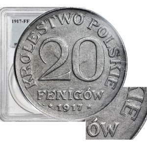 RR-, Królestwo Polskie, 20 fenigów 1917 FF, DESTRUKT - double die rewersu