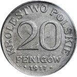RR-, Królestwo Polskie, 20 fenigów 1917 FF, DESTRUKT - double die rewersu