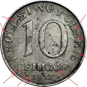 RR-, Kingdom of Poland, 10 fenig 1917 FF, DESTRUKT - DOUBLE DIE reverse, inscription near edge