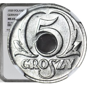 5 groszy 1939, Okupacja, mennicze, RZADKI jasny odcień