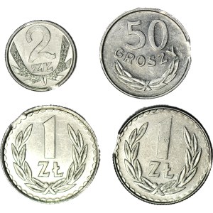 2 zloty 1989, 1 zloty 1986 (extra TRAWK) and 1988, 50 groszy 1987, disc punching error, SET of 4 pcs. ,