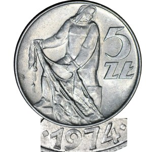 RR-, Rybak 5 złotych 1974, PŁASKA DATA