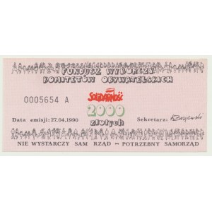 Solidarita, 2000 zlotých 1990, séria. A 005654, Cegelekcja na Fundusz Wyborczy Solidarność Obywatelskich Komitetuów
