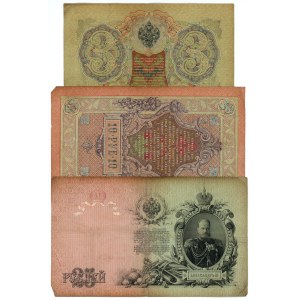 Russia, set of 3 banknotes: 3, 10, and 25 rubles, 1905–1909