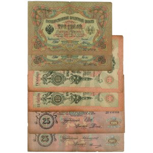 Rusko, sada 6 kusov bankoviek v hodnote 3, 10 a 25 rubľov z rokov 1905–1909