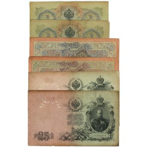 Rusko, sada 6 kusov bankoviek v hodnote 3, 10 a 25 rubľov z rokov 1905–1909