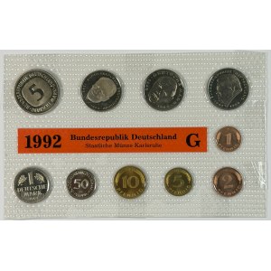 Germany, 1, 2, 5, 10, and 50 fenings; 1, 2, and 5 marks, 1992, Karlsruhe Mint